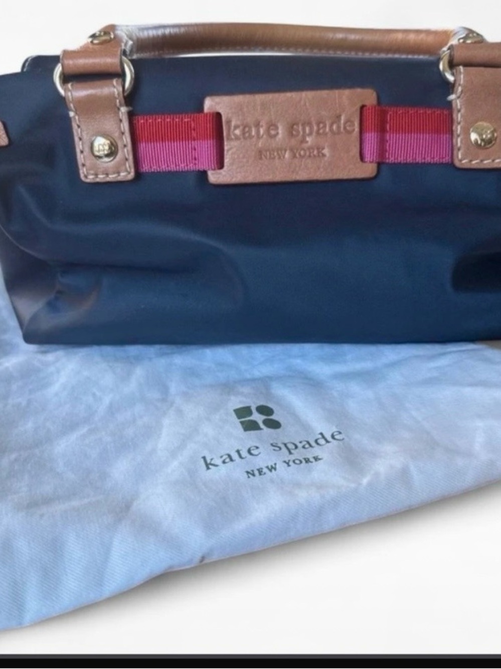 Kate Spade Navy Nylon Small Satchel Bag Cognac Leather Trim Grosgrain Ribbon